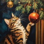 Christmas Cat Playing At Tree