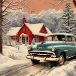 Vintage Blue Car In Snow