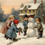 Vintage Children Building A Snowman