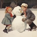 Children Building Snowman Art