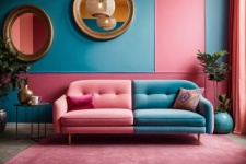 Blue Sofa And Round Pink Table