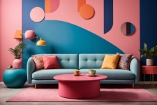 Blue Sofa And Round Pink Table