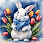 Cute Bunny With Tulips