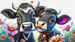 Cartoon, Cow, Landscape, Flowers