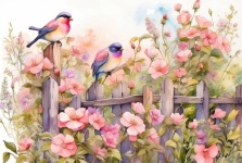 Birds And Pink Wild Roses