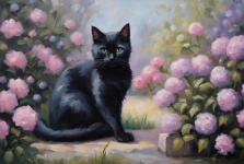Black Cat And Hydrangea Flowers