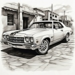 Vintage Car Black White Drawing