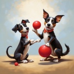 Dogs Playing With Red Balls Art