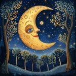 Half Moon With Face Whimsical Art