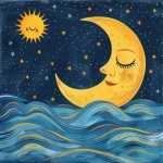Whimsical Half Moon Over Ocean Art