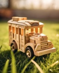 Toy Wooden Bus In The Grass