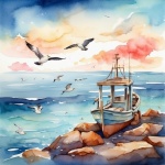 Gulls And Boat Watercolor Art Print