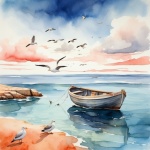 Gulls And Boat Watercolor Art Print
