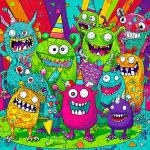 Cute Colorful Monsters Partying