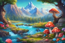 Mountains, River, Forest, Mushrooms