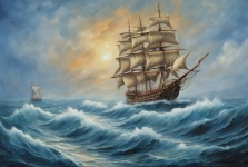Sail Ships In The Ocean, Waves