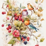 Watercolor Birds, Berries, Flowers