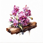 Watercolor Orchid Flowers On Wood
