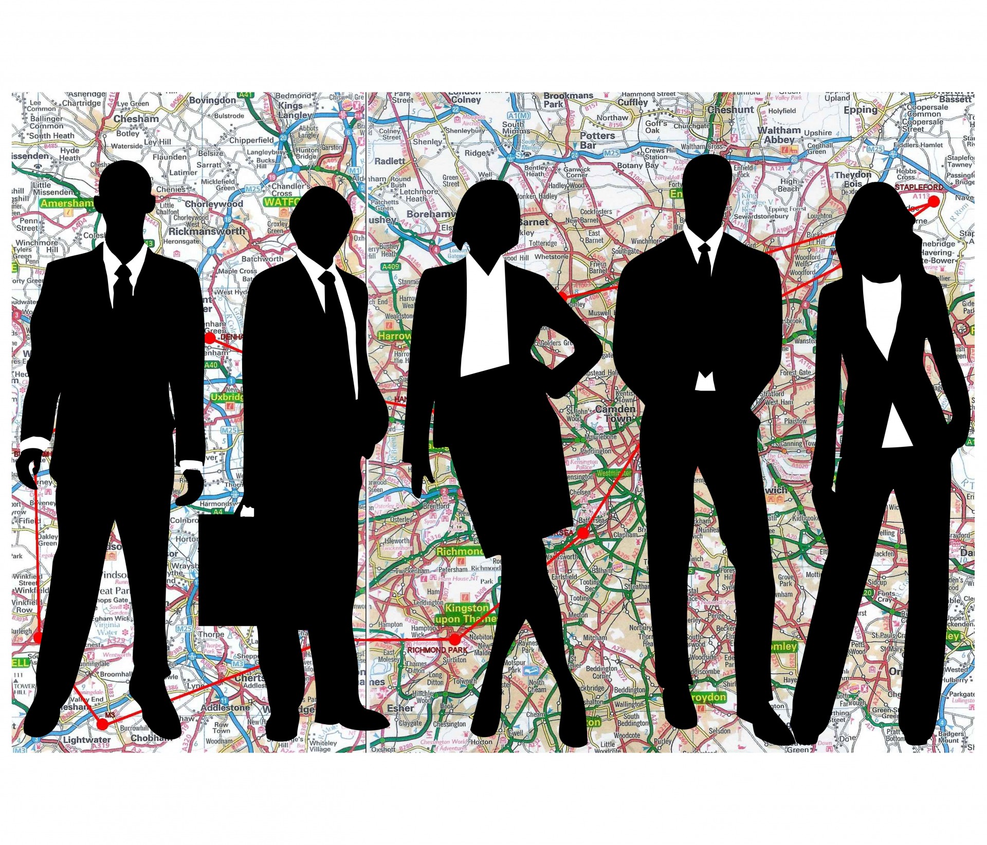 silhouettes of people wearing business attire over a map background