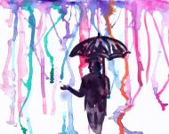 Acquerello uomo in piedi in pioggia