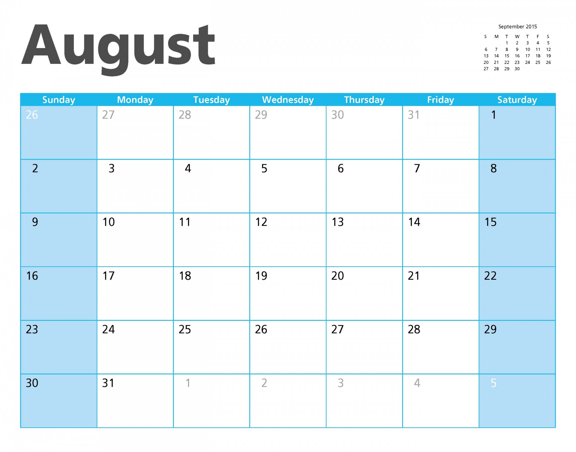 Augusti 2015 kalender sidan