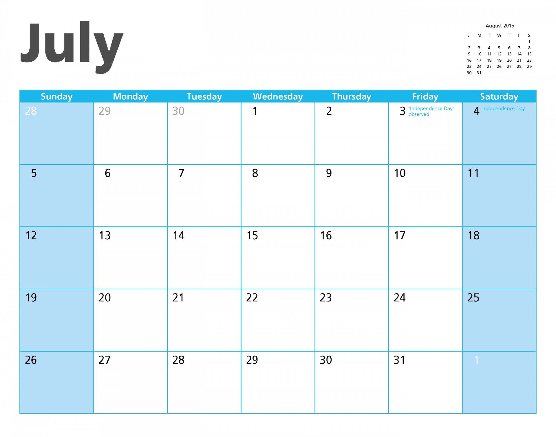 July 2015 Calendar Page