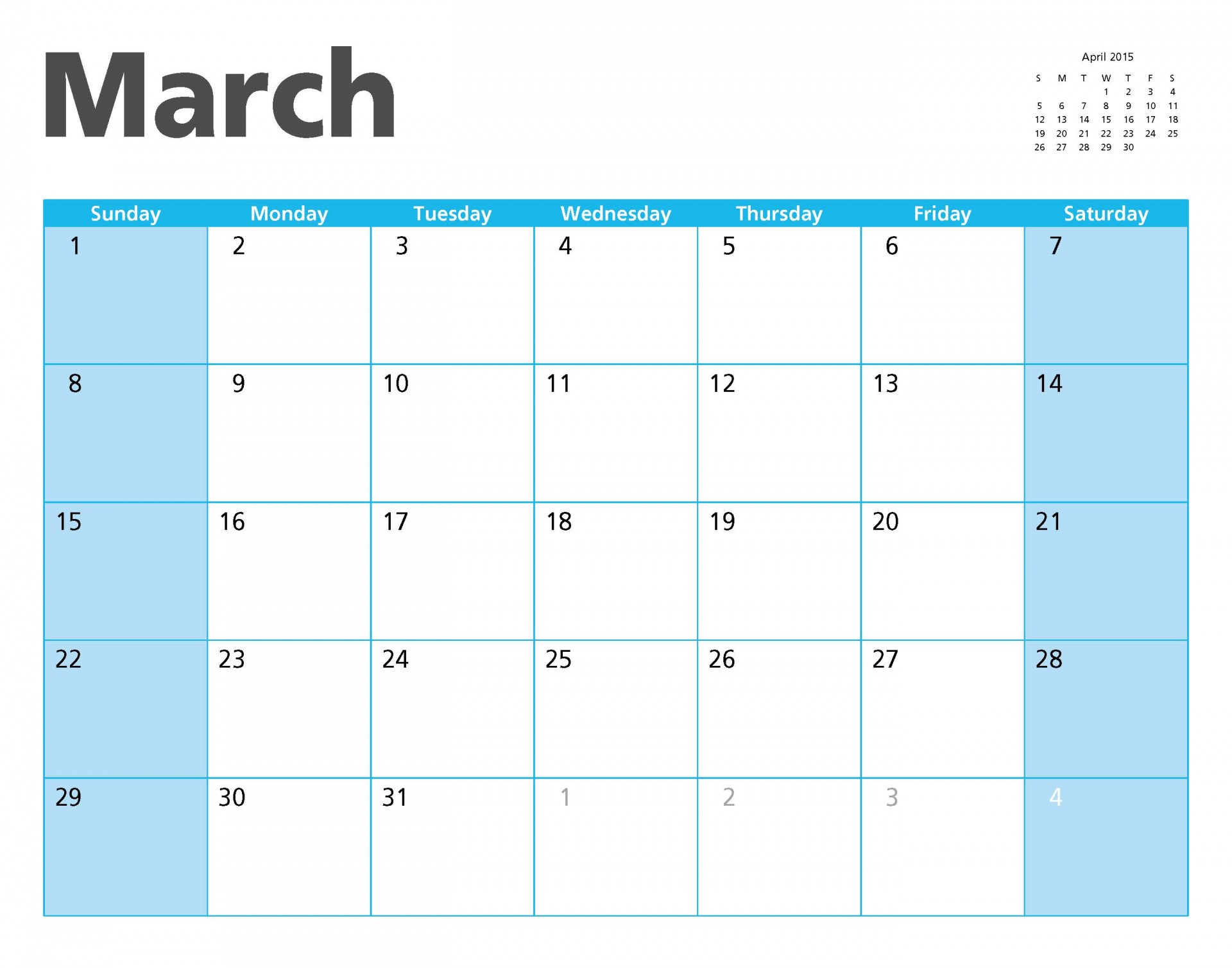 Mars 2015 kalender sidan