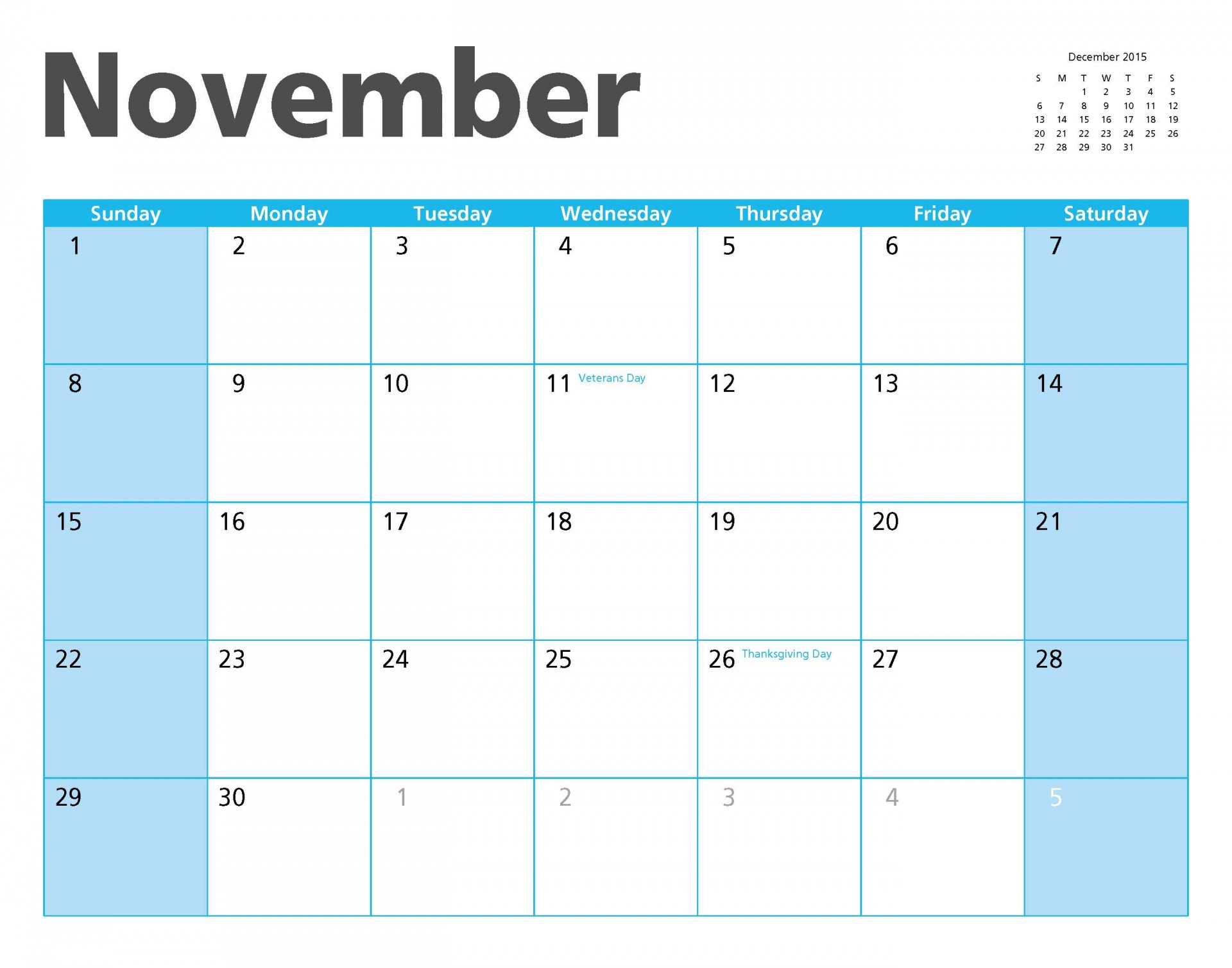 November 2015 Calendar Page