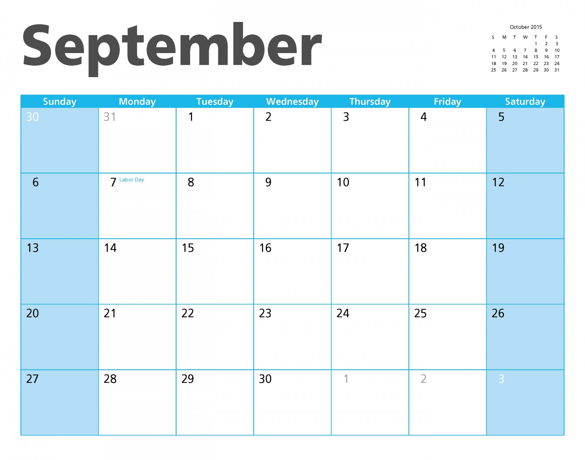 Septembrie 2015 Calendar Page