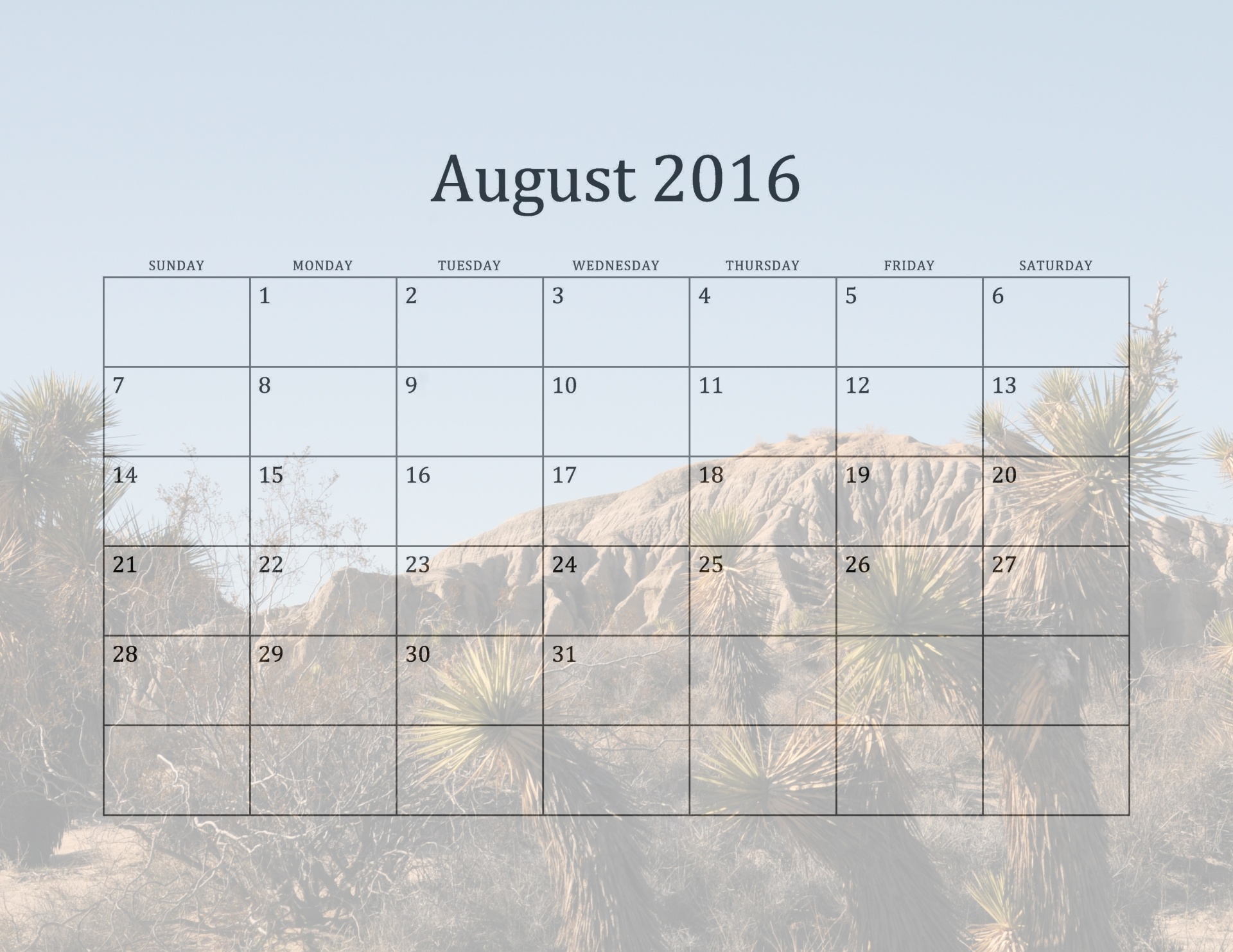 16年8月月間カレンダー 無料画像 Public Domain Pictures