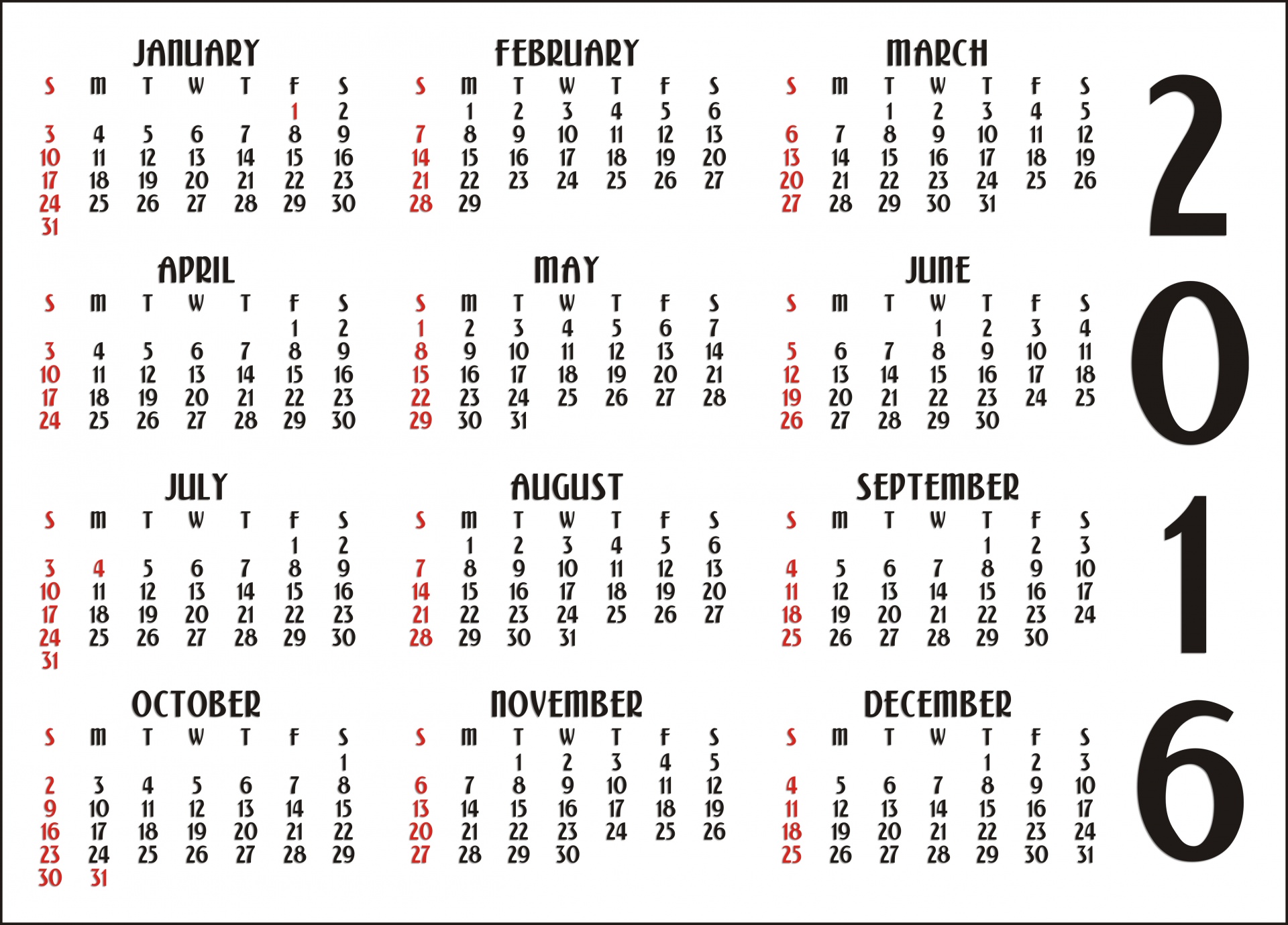 12 Month Calendar 2016 Free Stock Photo - Public Domain ...