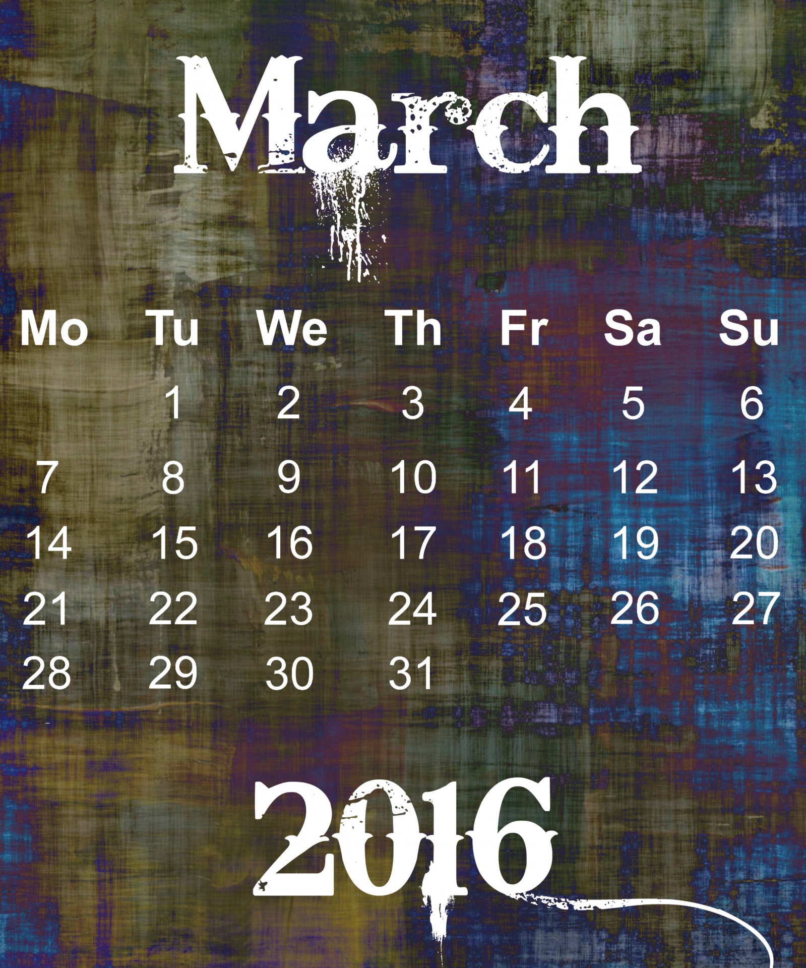 2016年3月グランジカレンダー 無料画像 Public Domain Pictures