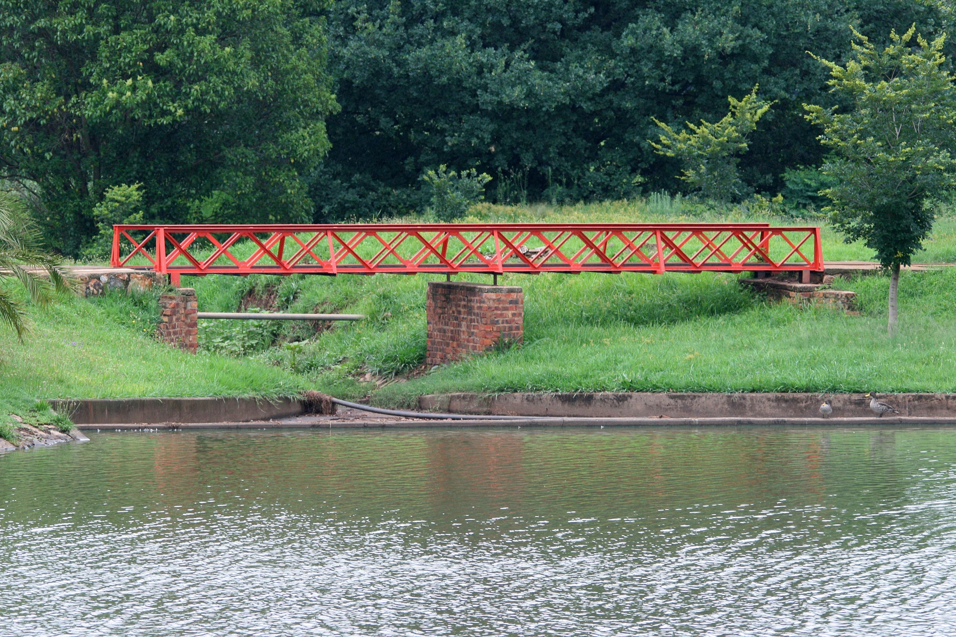 Ponte do trem modelo ao lado da lagoa