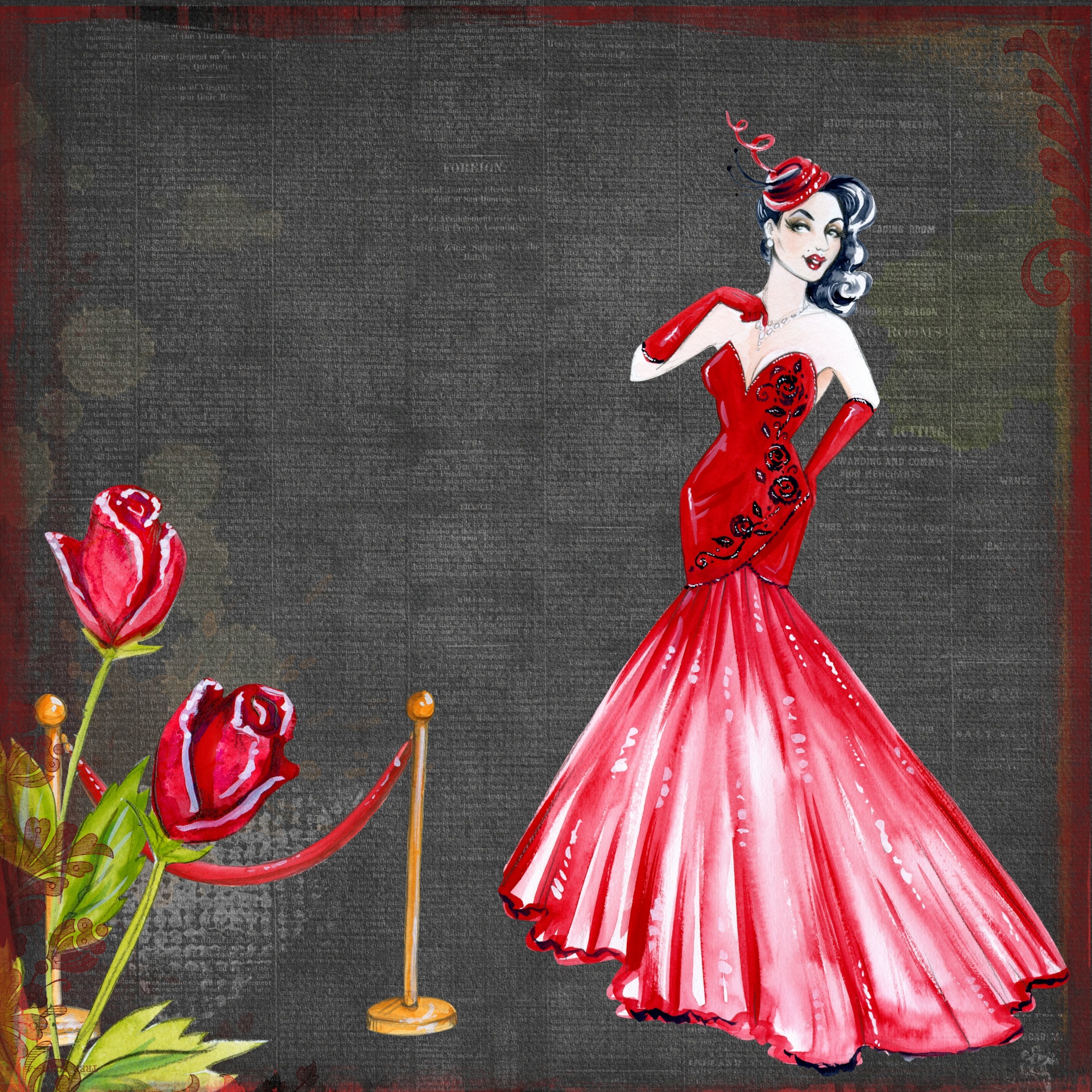 Retro Lady in Red Konst Collage