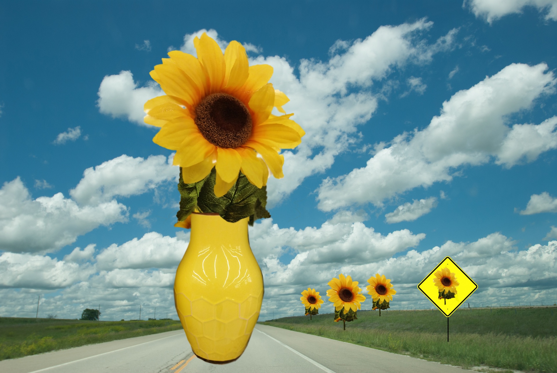 Vase Of Flowers On Highway