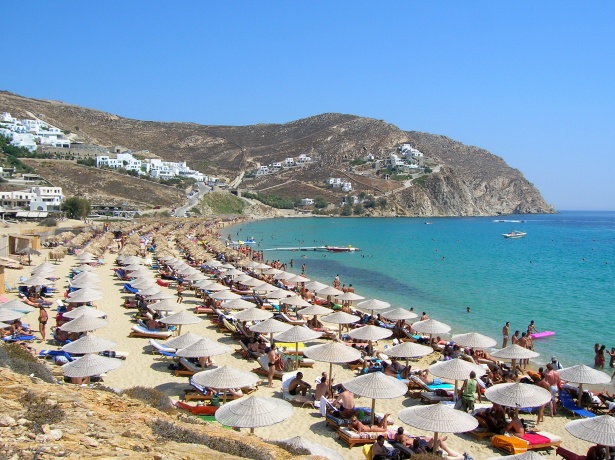 Elia Beach in Mykonos, with blue waters and a white sand beach.