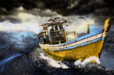 Schilderij - Oude Boot In Storm