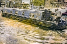 Casa flotante en el río, pintura al óleo