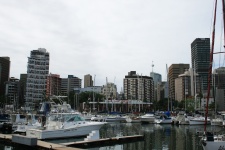 Moored yachts and city buildings