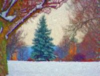 Evergreen ve sněhu malířství