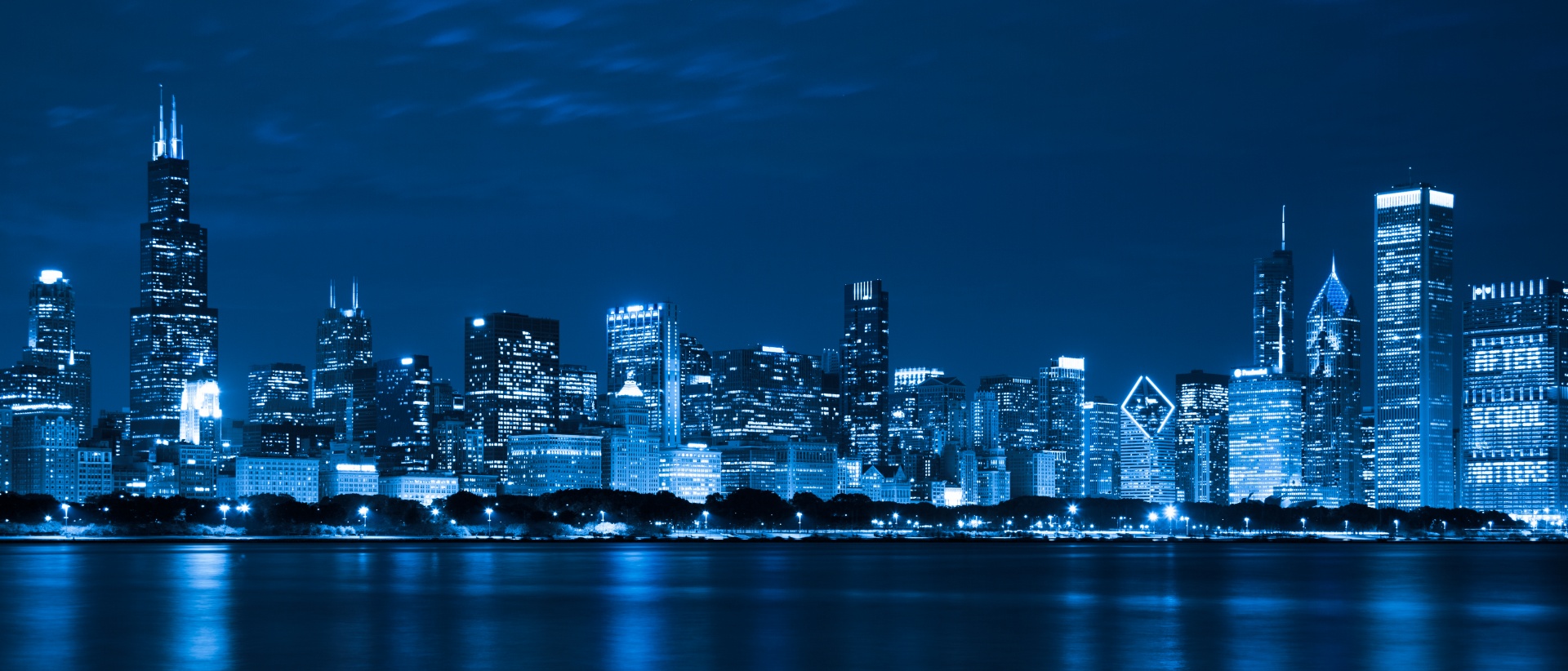 De horizon van Chicago bij nacht