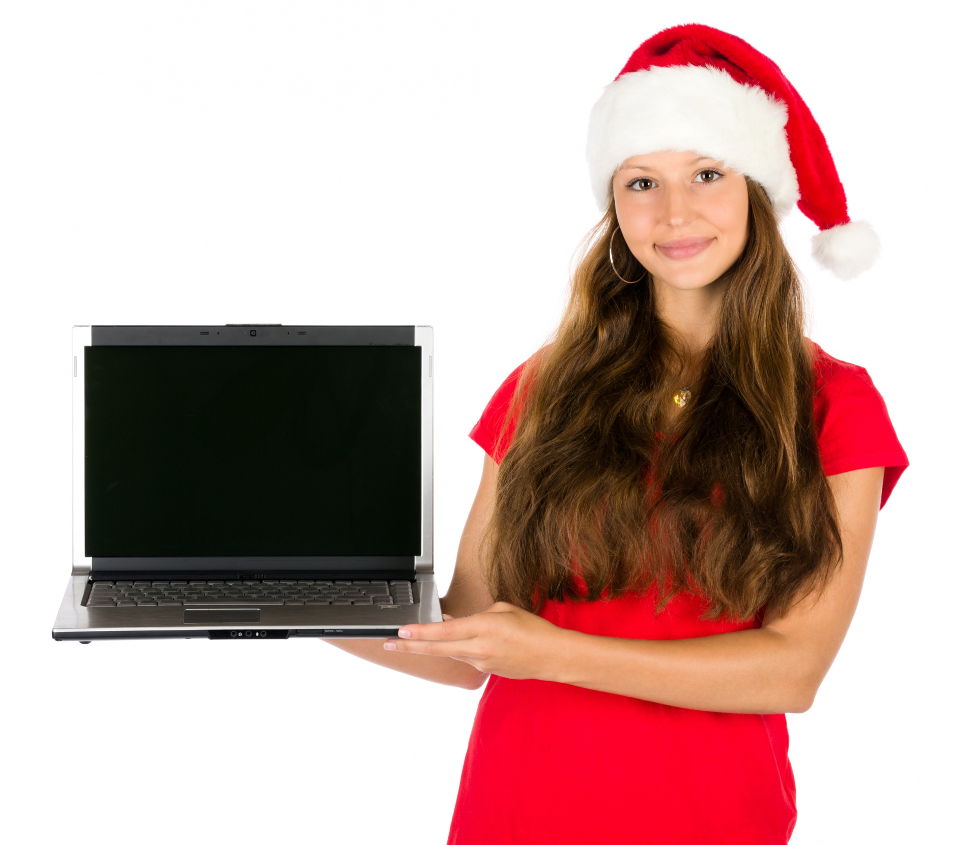 圣诞老人的女人与一台笔记本电脑
