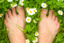 Bare Füße auf dem grünen Gras