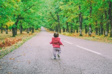 Copilul se plimba pe un drum forestier