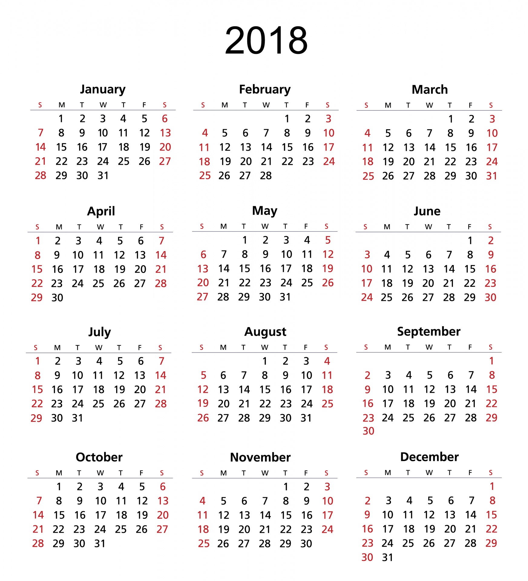 2018 Calendar Printable