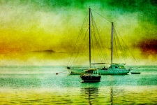 Boats Sunset Vintage Painting