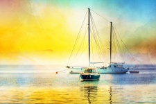 Hajók tengerparti festés napkelte