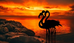 Flamingo, skymning, solnedgång,