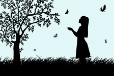 Mädchen, Baum, Schmetterlings-Silhouette