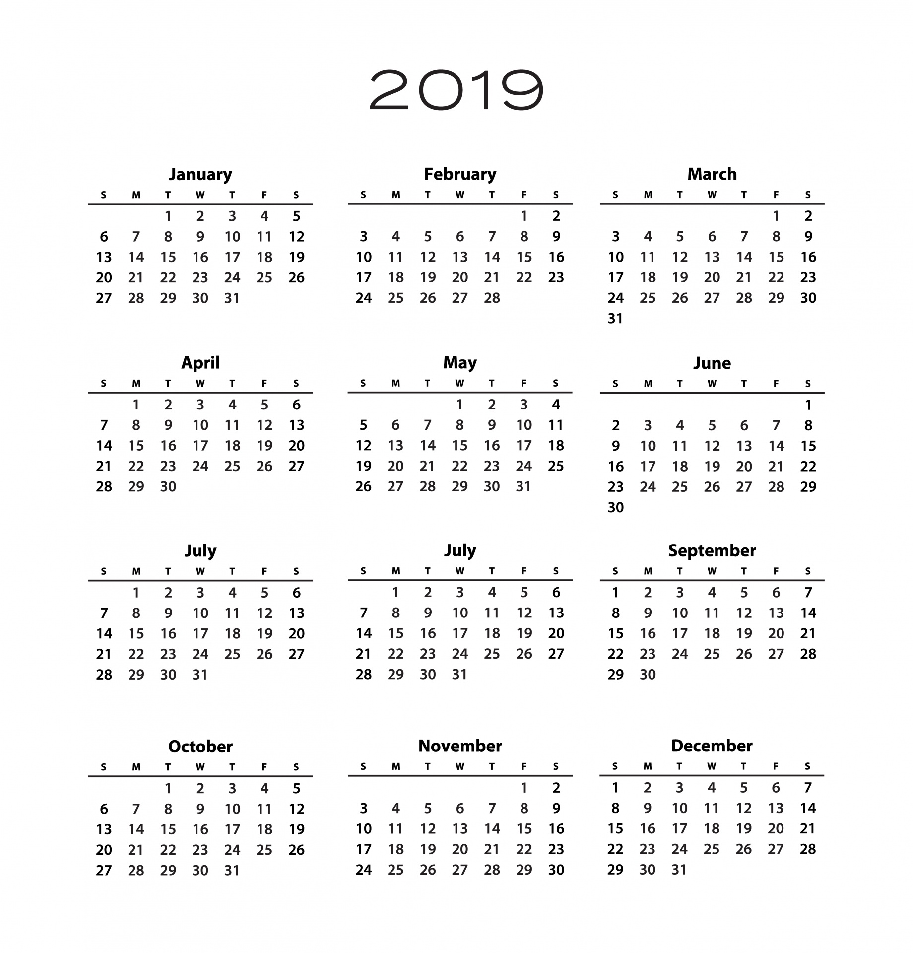 Modèle de calendrier 2019